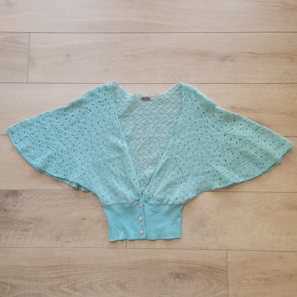 Gibson Mint Open Knit Cropped Mohair Blend Batwing Cardigan Sweater Small